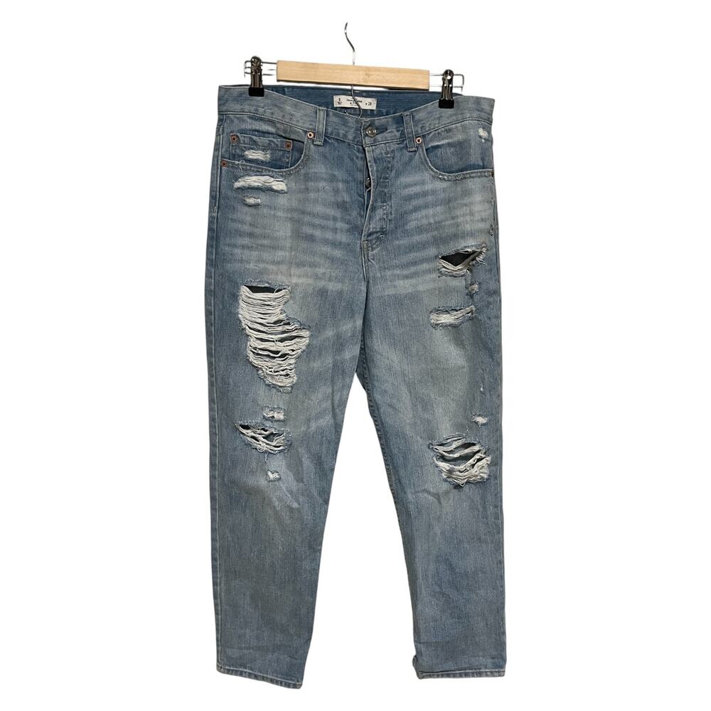 Abercrombie & Fitch A&F Button Fly High Rise Distressed Jeans Blue Size 28